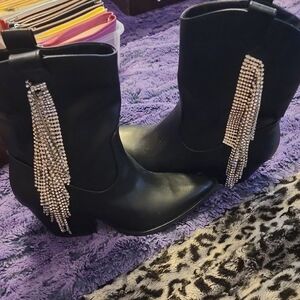 Qupid Black Boots with Rhinestone Tassels